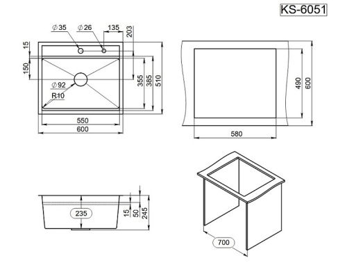 Мойка GRANULA KS-6051, ГРАФИТ МАТОВЫЙ